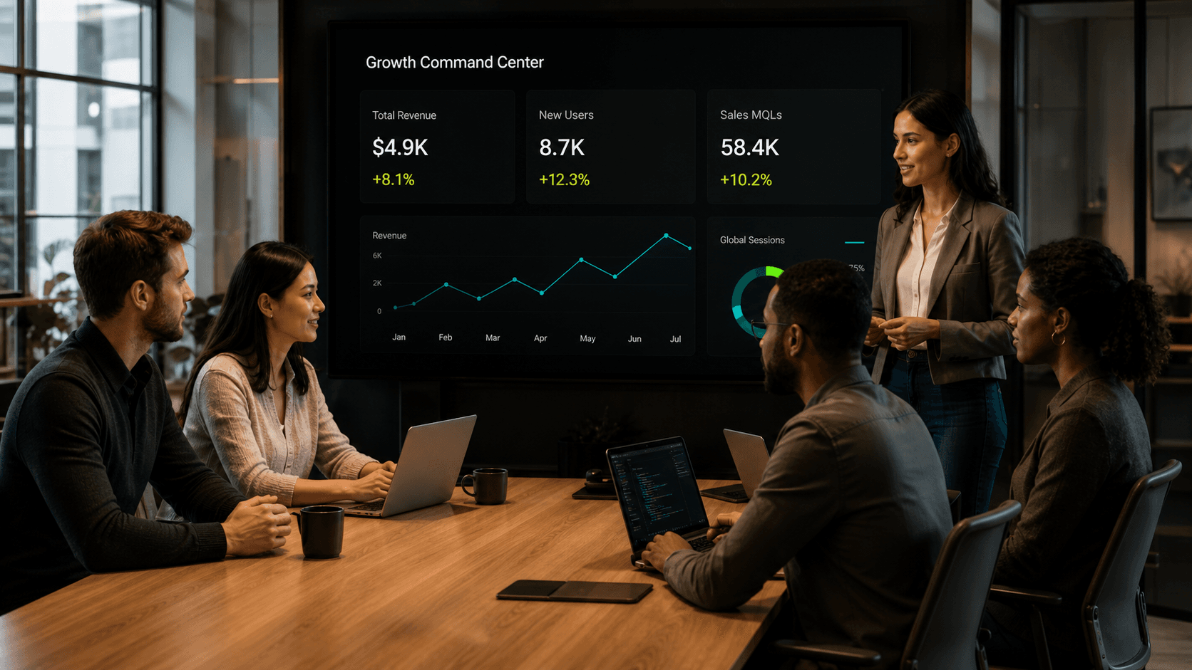 Business team reviewing the Growth Command Center