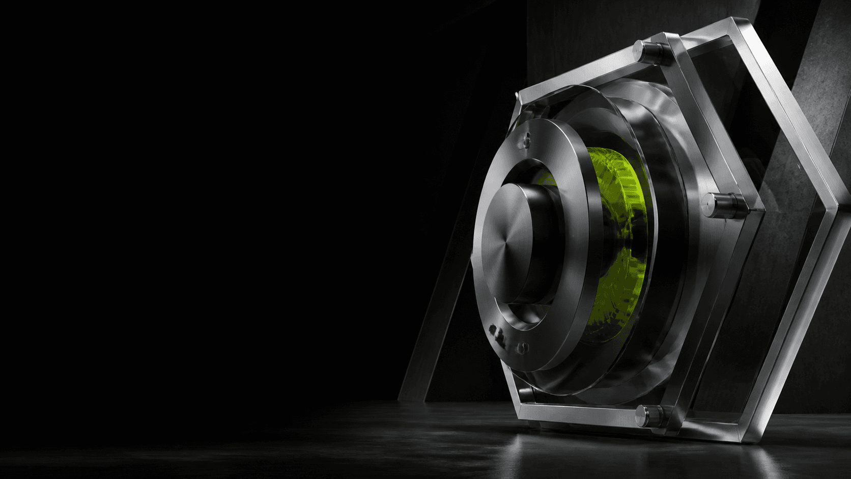 Sculptural engineered technology form in graphite, glass and electric lime