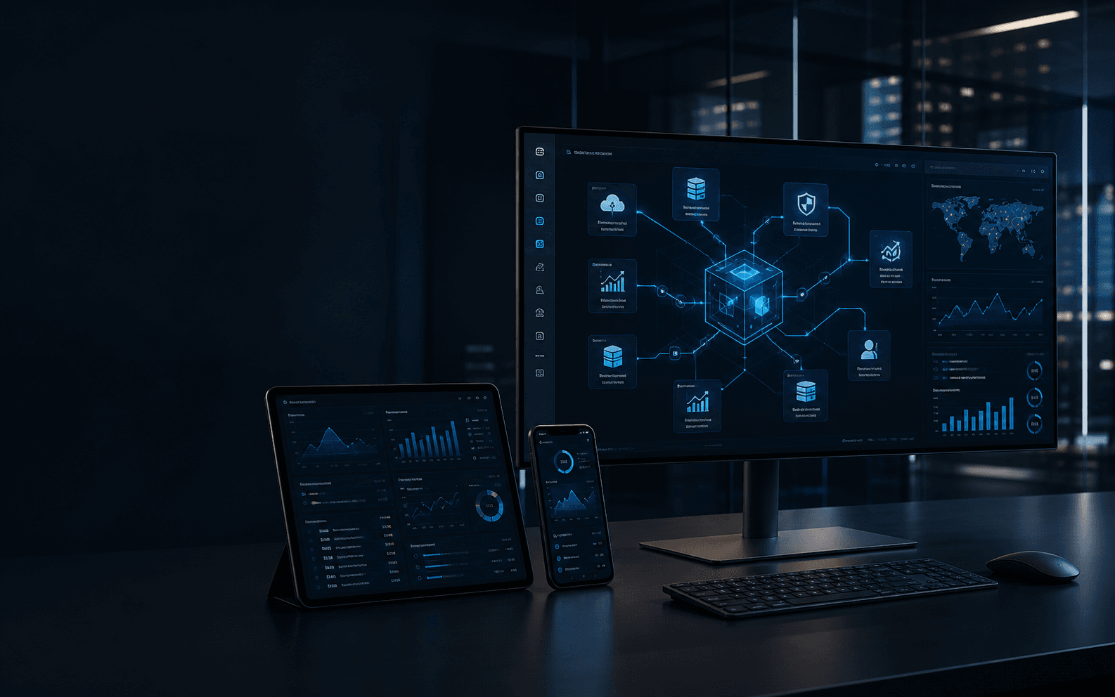 Connected business technology system across desktop, tablet and mobile interfaces